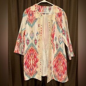 Chico’s Colorful Patterned Open Front Cardigan, Size 2